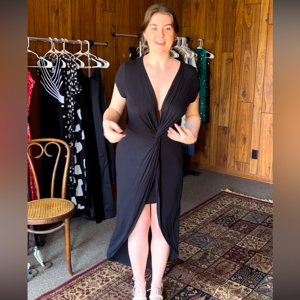 Black Jersey Dress with Plunging Neck Line